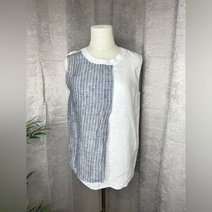 NEW ROSSO35 Women’s White & Gray Striped Color Block Linen Sleeveless Top Sz S